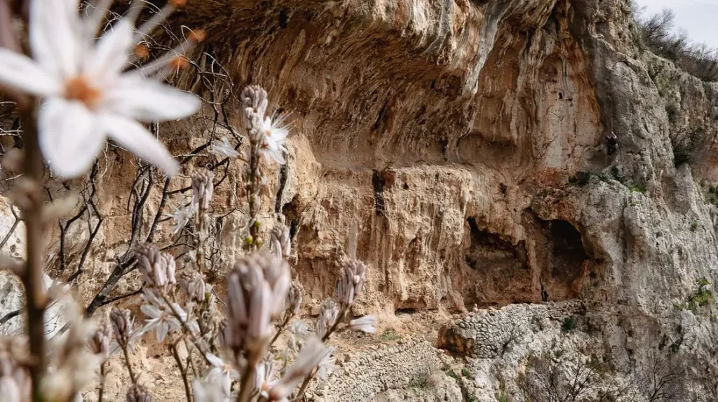 Ancien abri naturel sous roche devenu falaise d'escalade en Sicile